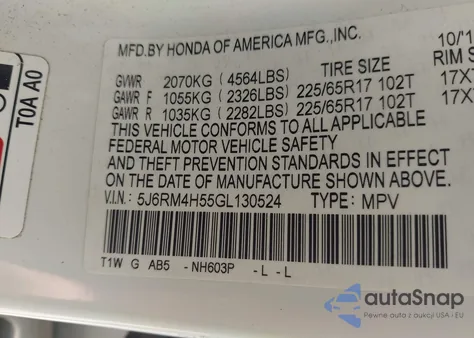 2016 Honda Cr-V Ex из США, поврежденный, VIN 5J6RM4H55GL130524